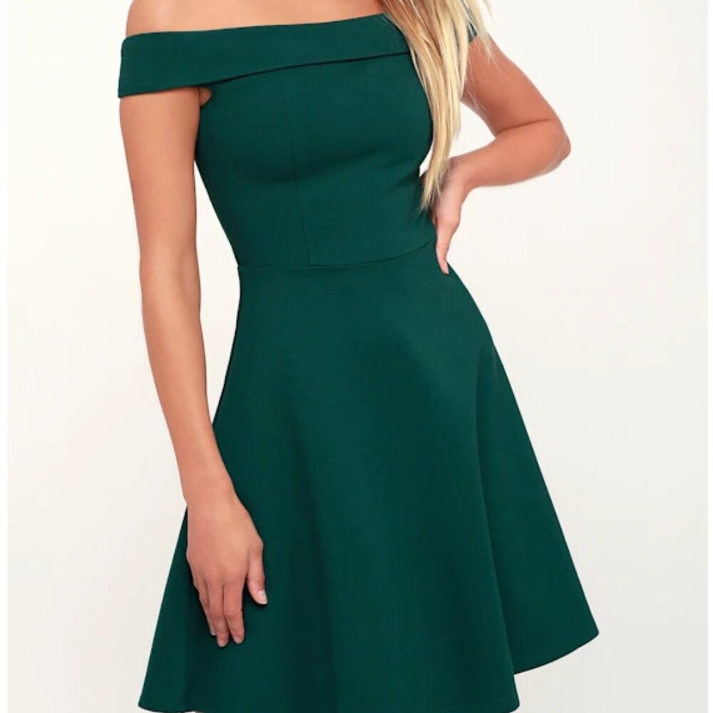 Lulus Season Of Fun Forest Green Off-the-shoulder Skater Dress - Size XS